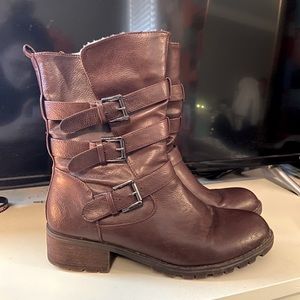 plum/maroon buckled combat boots w/ heel